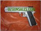 SAM SEMI AUTO PISTOL. NEW BRUSHED CHROME 1911 SEMI AUTO PISTOL 9MM, 38 SUPER, 45 AUTO AMBI SAFETY, BEAVER TAIL SAFETY ADJUSTABLE REAR SIGHT, FIBRE OPTIC FRONT SIGHT $1195